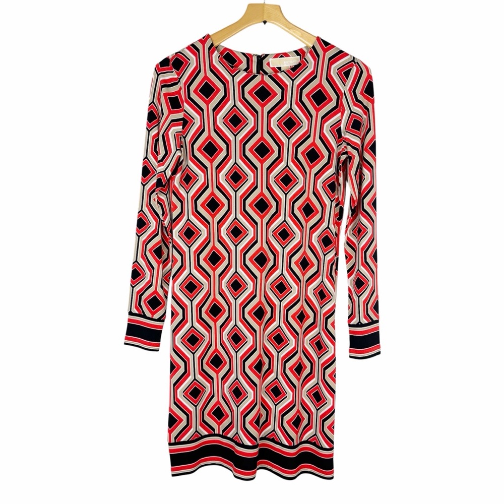 Michael Kors Dress Geometric 70’s Print Long Sleeve Shift Stretch Size Small
